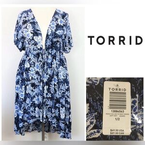 🆕TORRID - 1/2X - NWT - FLORAL BLUE WHITE MAXI HI-LO KIMONO CARDIGAN / KAFTAN